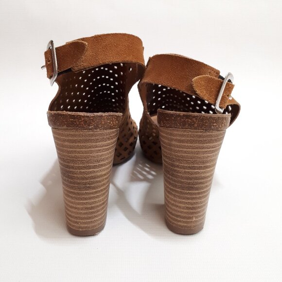MIRABELLA Perforated Leather Platform Mules with Block Heel in Tan Suede Leather - Picture 5 of 11